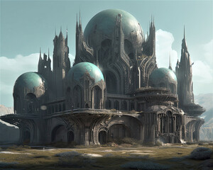 fantasy building with round spherical dome roofs, another planet, another reality, another universe. Generative AI image.