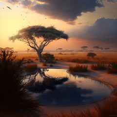 sunset over the river in the savanna
