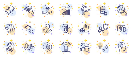 Outline set of Shield, Online shopping and Heart beat line icons for web app. Include Ranking star, Winner cup, Puzzle pictogram icons. Work home, Clean shirt, Fingerprint signs. Vector