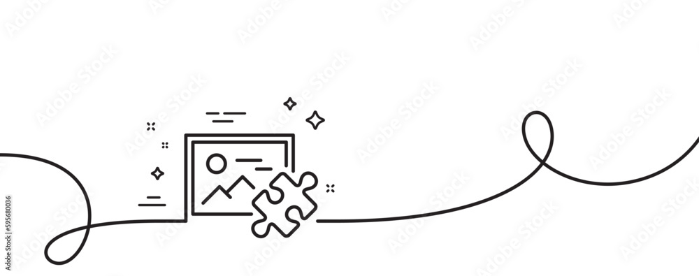 Poster puzzle image line icon. continuous one line with curl. jigsaw piece with photo sign. business challe