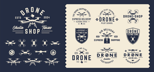 Vector Drone logo set. Set of 10 drone logo templates and 12 design elements. Trendy vintage hipster design.