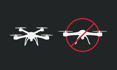  Drone with prohibit sign. No fly zone sign. Drone silhouettes  isolated on white background. Vector drone icons.