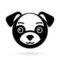 Bold black and white illustration of a pug head icon, with distinct facial features
