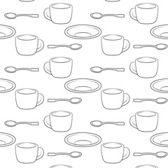 Obraz premium Pattern cup, saucer and spoons, icons drawn in a linear style, minimalism. Background design for menu, cafe, greeting cards, posters, t-shirts, banners, print invitations. Vector. Doodle. Coffee set.