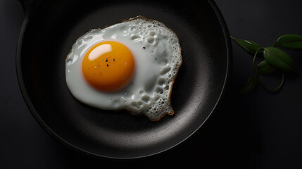 Top view of delicious fried egg in black pan. Generative AI.
