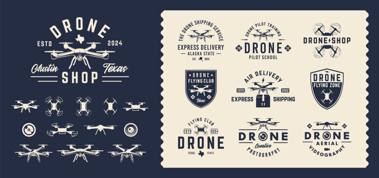 Vector Drone logo set. Set of 10 drone logo templates and 12 design elements. Trendy vintage hipster design. - Powered by Adobe