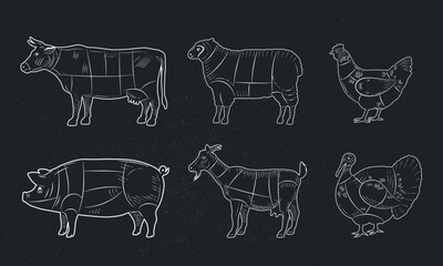 Farm animals silhouettes set. Vintage design. Cow, Sheep, Pig Goat, Chicken, Turkey. Vector illustration