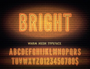 Bright night light extra glowing effect narrow bold font with numbers on dark brick wall background. Vector warm orange neon alphabet