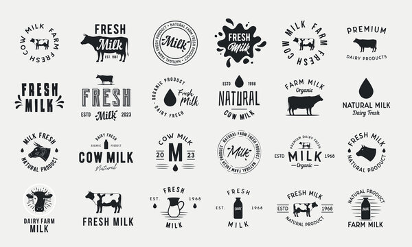 Dairy and milk products emblems. Cow silhouette, bottle, milk drop and splash. Trendy vintage design. Vector illustration