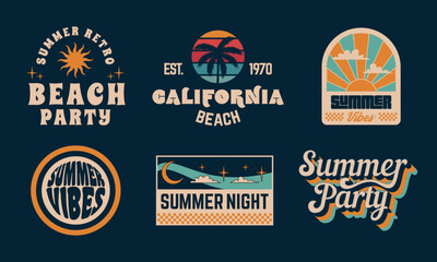 Summer Labels. 1970s Retro logo designs. Groovy prints for T-shirt, typography. Vector summer emblems templates.