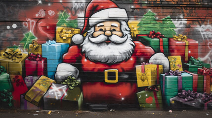 Depiction of Santa Claus on a graffiti wall, christmas background, generative AI.