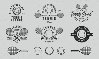 Vintage Tennis logo templates and 5 design elements for Tennis graphics. Tennis team, tournament, championship, league emblems templates. Vector illustration