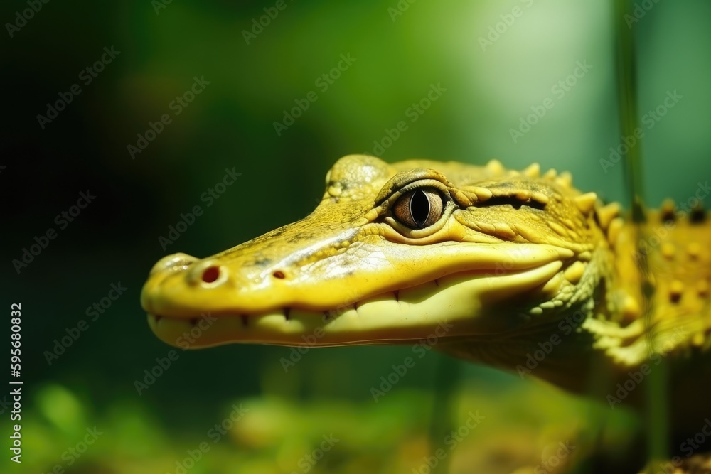 Poster close-up view of a colorful lizard with yellow and black scales. generative ai