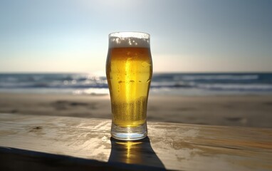 A glass of lager beer on table on a summer beach bar background light beer illustration Generative AI