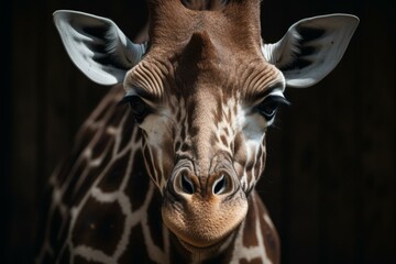 Closeup of giraffe's adorable head gazing directly into camera. Generative AI