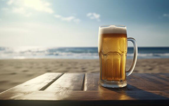 A glass of lager beer on table on a summer beach bar background light beer illustration Generative AI