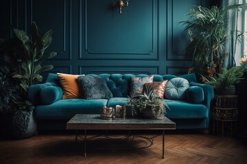 A blue couch with many pillows and a potted plant beside a coffee table. Generative AI