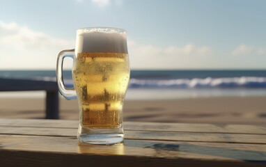 A glass of lager beer on table on a summer beach bar background light beer illustration Generative AI