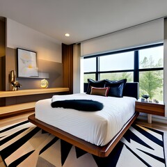 14 A mid-century modern bedroom with a platform bed, geometric rug, and retro accents2, Generative AI