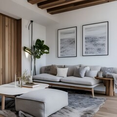 16 A Scandinavian-style living room with a neutral color palette, natural wood accents, and cozy textiles2, Generative AI