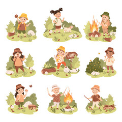 Cute Children with Backpack Hiking and Trekking Exploring Nature Vector Illustration Set
