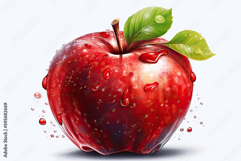 Poster ripe red apple with a green leaf on top. generative ai