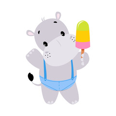 Cute Hippo Character Standing with Sweet Popsicle on Stick Vector Illustration