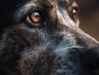 closeup eyes of sad outbred dog. AI generative