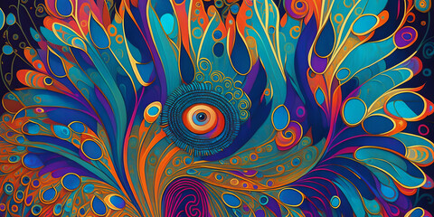 A painting of a colorful peacock feather, an art deco