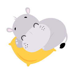 Cute Hippo Character Cuddling on Pillow Sleeping and Having Rest Vector Illustration