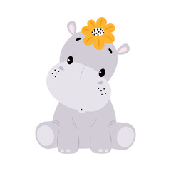Cute Hippo Character with Flower on Head Sitting Vector Illustration