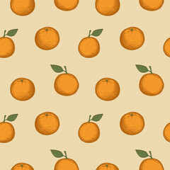 Pattern with tangerines. Seamless repeating pattern with clementines, citrus plant. Hand drawn in vintage style. Colored background with repetition, fruit motif. Design element. Vector illustration