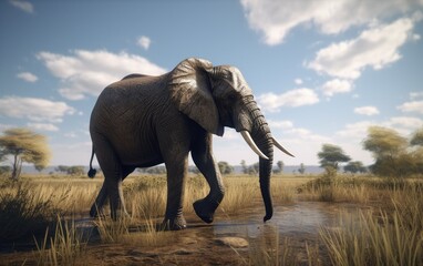 Fototapeta na wymiar An elephant walks through a field with trees savannah in background african wildlife Generative AI