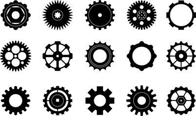 Gears black icons, industry gear circle. Produce process, industry mechanical wheels. Cogwheel elements, machinery cogs decent vector silhouettes