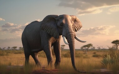 Obraz na płótnie Canvas An elephant walks through a field with trees savannah in background african wildlife Generative AI