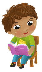 cartoon child kid boy pupil reading books learning childhood illustration