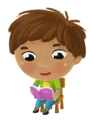 cartoon child kid boy pupil reading books learning childhood illustration