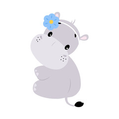 Cute Hippo Character with Blue Flower on Head Sitting Vector Illustration