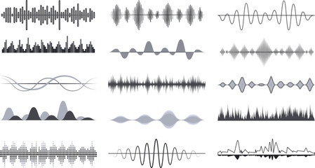 Radio music waves designs, analog audio signal. Track or sound, musical wave vibrations. Voice recognition digital monochrome decent vector symbols