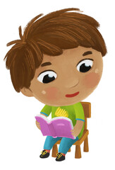 cartoon child kid boy pupil reading books learning childhood illustration