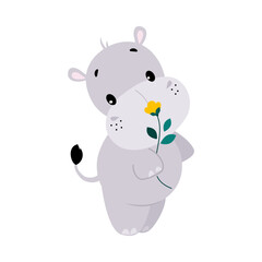 Cute Hippo Character Holding Flower on Stalk Vector Illustration