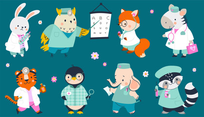 Cartoon animals doctors, funny animals with medical tools, stethoscope and syringe. Kids cute nurses in hospital, nowaday vector characters © MicroOne