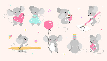 Mouse cartoon characters. Cute mice stylized, rats in different poses. Isolated childish animals creatures, funny comic rat playing nowaday vector clipart