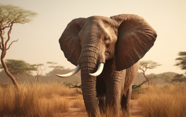 Fototapeta na wymiar An elephant walks through a field with trees savannah in background african wildlife Generative AI