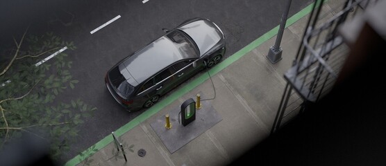 Overhead drone shot of generic EV hybrid vehicle is charging on a street station in city downtown