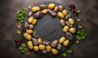 Fototapeta na wymiar A collection of small, fingerling potatoes arranged in a circular pattern on a slate board