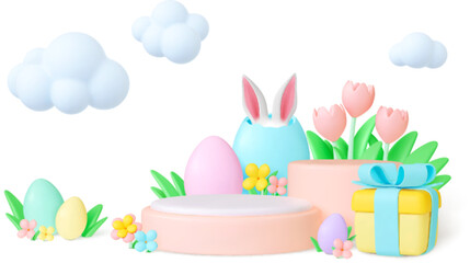Easter 3d concept. Nature garden objects, bunnies ears in egg and gift box. Spring holiday decoration. Empty podiums and clouds, pithy vector banner