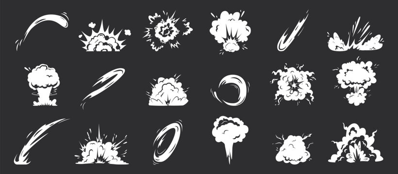 Explosion cartoon comic effect, white sparks of power lightning. Smoking fog, energy dust or tail of rocket. Steam clouds, snugly vector clipart