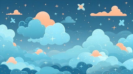 Cute nightsky illustration with clouds and stars in a childrensbook stlye