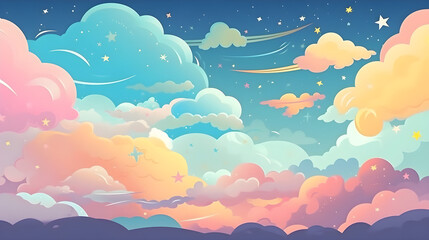 Cute nightsky illustration with clouds and stars in a childrensbook stlye